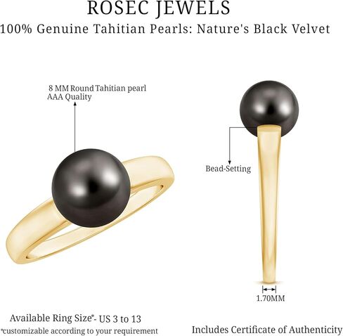 Real Black Pearl 8mm Round Engagement Ring, AAA Quality, Certified Tahitian Black Pearl Solitaire Ring - Ready To Gift in Saudi Arabia
