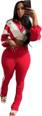 Womens Sweatsuits 2 Piece Set Contrast Color Long Sleeve Zip Up Cropped Jacket Leggings Pants Jogger Track Suits in Saudi Arabia