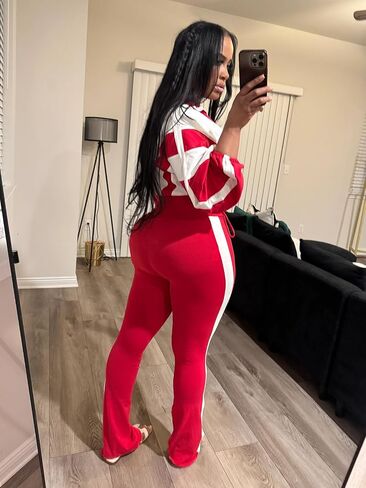 Womens Sweatsuits 2 Piece Set Contrast Color Long Sleeve Zip Up Cropped Jacket Leggings Pants Jogger Track Suits in Saudi Arabia