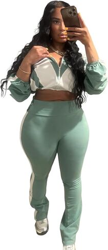 Womens Sweatsuits 2 Piece Set Contrast Color Long Sleeve Zip Up Cropped Jacket Leggings Pants Jogger Track Suits in Saudi Arabia