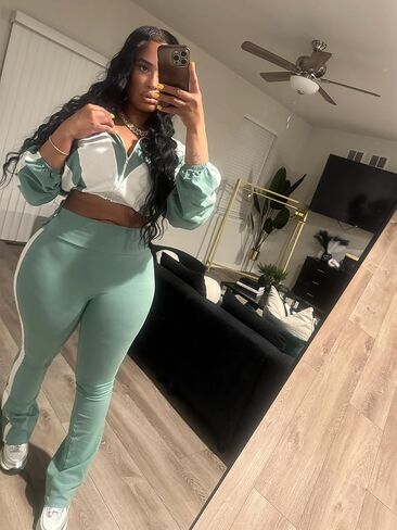 Womens Sweatsuits 2 Piece Set Contrast Color Long Sleeve Zip Up Cropped Jacket Leggings Pants Jogger Track Suits in Saudi Arabia