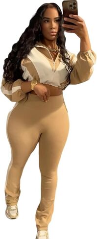 Womens Sweatsuits 2 Piece Set Contrast Color Long Sleeve Zip Up Cropped Jacket Leggings Pants Jogger Track Suits in Saudi Arabia