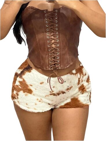 GORGLITTER Women's Graphic Fuzzy Mini Shorts Y2k Western Cowgirl Outfit Skinny Micro Shorts in Saudi Arabia