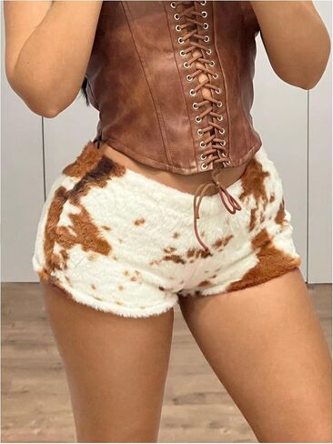 GORGLITTER Women's Graphic Fuzzy Mini Shorts Y2k Western Cowgirl Outfit Skinny Micro Shorts in Saudi Arabia