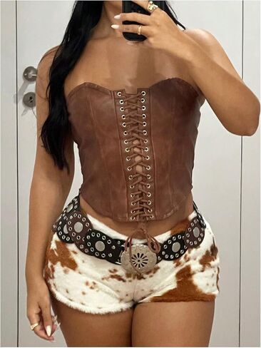 GORGLITTER Women's Graphic Fuzzy Mini Shorts Y2k Western Cowgirl Outfit Skinny Micro Shorts in Saudi Arabia