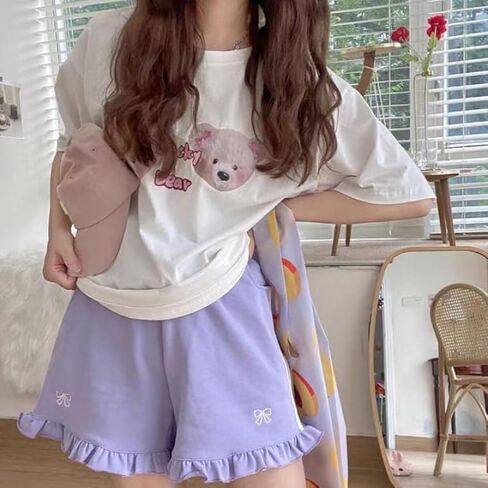POHADON Women Kawaii Bow Tie Summer Shorts Wide Leg Aesthetic Preppy Clothes Cute Yoga Sweat Shorts Teen Girl Loungewear in Saudi Arabia
