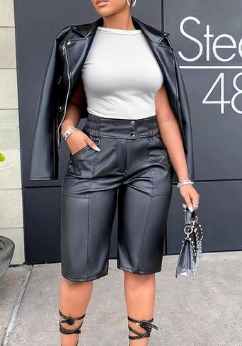 Tbahhir Women's Leather Shorts Elastic Waist Straight Leg Pants Black Bermuda Short Business Casual Streetwear in Saudi Arabia