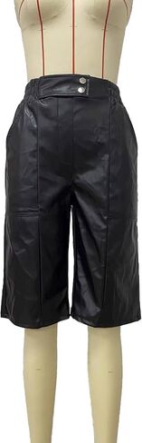 Tbahhir Women's Leather Shorts Elastic Waist Straight Leg Pants Black Bermuda Short Business Casual Streetwear in Saudi Arabia