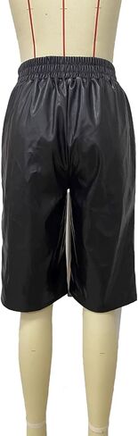 Tbahhir Women's Leather Shorts Elastic Waist Straight Leg Pants Black Bermuda Short Business Casual Streetwear in Saudi Arabia