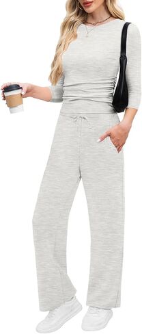 WIHOLL 2 Piece Lounge Sets for Women Summer Vacation Outfits 3/4 Sleeve Tops with Side Ruched Wide Leg Pants Matching Sets in Saudi Arabia