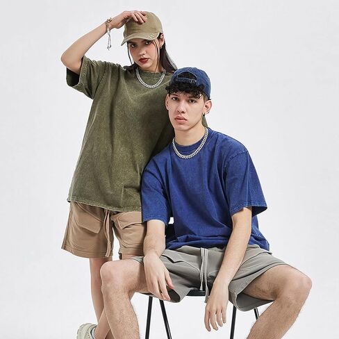 Men's Oversized Cotton T-Shirts Loose Fit Vintage Washed Tee Unisex Short Sleeve Casual Shirts Tops in Kuwait