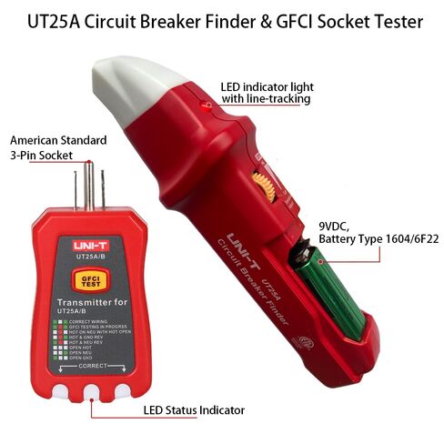 UNI-T UT25A Digital AC Circuit Breaker Finder and Tracker Kit with Electrical Integrated GFCI Outlet Socket Tester, Working on AC 90-120V, Adjustable Sensitivity Buzzer Indication, Flashing LEDs in Saudi Arabia