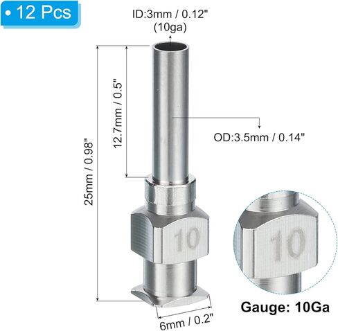 PATIKIL 24Ga x 0.5 بوصة أطراف إبرة توزيع من الفولاذ المقاوم للصدأ، 12 قطعة من أنبوب إبرة الغراء المعدني أطراف حادة قفل Luer لمختبر حبر الغراء السميك، فضي in Kuwait
