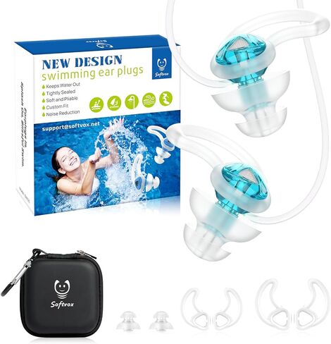 Swimming Ear Plugs with Lanyard, Custom-fit, Blocks Out Water Lets Sound in, Swimmer Earplugs for Swimming, Surfing, Diving and Other Water Activities, Black in Saudi Arabia