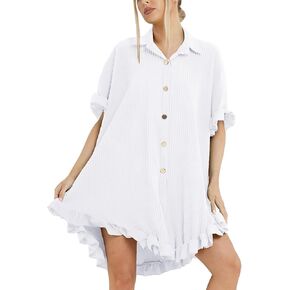 فساتين العطلة النسائية لعام 2023، فستان تونيك مكشكش، فساتين غير رسمية متأرجحة فضفاضة للنساء مقاس واحد in Kuwait