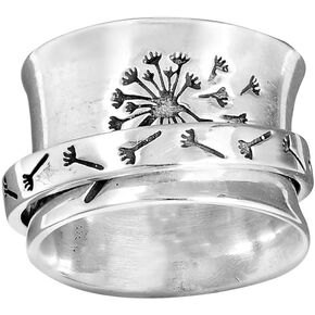 Dandelion Flower Spinner Ring for Women Girls Men Anti Anxiety Fidget Rotate Freely Inspirations Stress Relief Meditation Stacking Middle Finger Band Fashion Vintage Statement Spin Ring Personalized Jewelry Gifts Bff Birthday