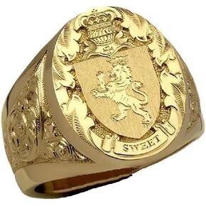 18K Gold Plated Mens Stunning Crown Lion Shield Badge Ring,Gothic Lion Animal Ring,Punk Rock Clubs Disco Bling Cocktail Party Ring Size 8 to 12