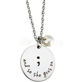 and So She Goes On Semicolon Necacek Stainless Steel Imitate Pearl Semi Colon Inspirational Neckalce for Women Girls Gifts