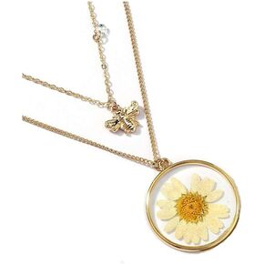 Double Layers Daisy Bee Pendant Necklace Dried Flowers Resin Sunflower Collar Necklace for Women Girls
