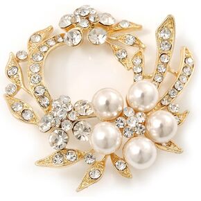 White Synthetic Pearl/Clear Crystal Wreath Brooch In Gold Plating - 5cm Diameter