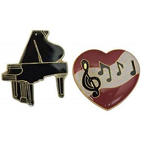 Pianst Pride Grand Piano & Music Heart Dual 2-Piece Pride Lapel Pin or Hat Pin & Tie Tack Set with Clutch Back by Novel Merk