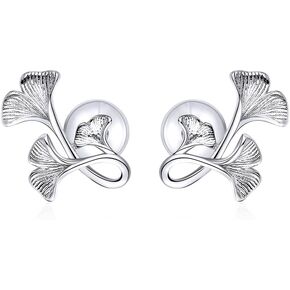 Cute Vintage Ginkgo 925 Sterling Silver Flower Small Tiny Stud Earrings for Women Teen Girls Cartilage Sensitive Ear Personalized Fashion Minimalist Piercing Studs Post Hypoallergenic Jewelry Gifts Bff Birthday Her