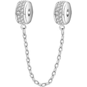 Clear Crystal 925 Sterling Silver Clasp Safety Chain Bead Charm for Charms Bracelet, Xmas Gifts