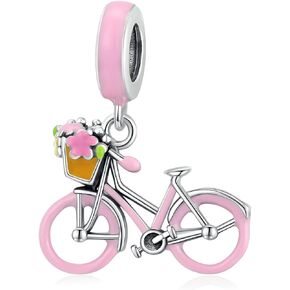 Beautiful Pink Bicycle Charm for Bracelets and Necklace, Hanging Dangle 925 Sterling Silver Enamel Pink Cartoon Bike Bead Pendant for Girls Women
