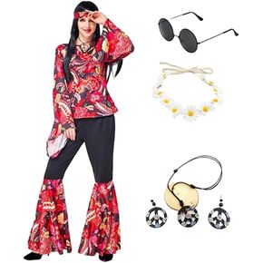 70s Hippie Costume Women Vintage Disco Dress Dance Party Swing Retro Flower Bottom Boho Outfit Accessories Set