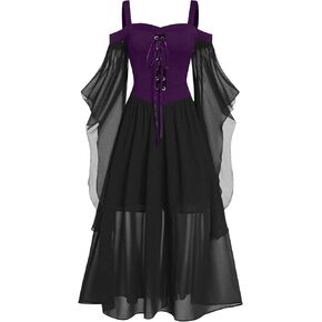 Medieval Costume Women Plus Size Butterfly Sleeve Halloween Maxi Dress Vintage Vampire Witch Cosplay Gothic Dress Gown Vintage Dress Halloween Dresses for Women Plus Size (Dark Purple,XXXL) HL112
