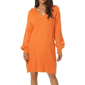 Seta T Women's Casual Ribbed Hem Pullover Jumper V Neck Long Sleeve Loose Fit Knit Mini Sweater Dress