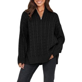 Women's Casual Long Sleeve 1/4 Zip Pullover Sweaters Solid Polo V Neck Collar Ribbed Knitted Jumper Tops