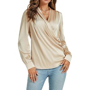 Women's Satin Wrap V Neck Long Sleeve Shirt Ruched Elegant Tunic Blouse Top