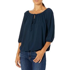 Star Vixen Women's Petite 3/4 Sleeve Peasant Elastic-Hem Keyhole-tie Top in Saudi Arabia