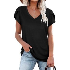 WNEEDU Womens 2024 T Shirts Petal Sleeve V Neck Casual Tees Summer Basic Tops