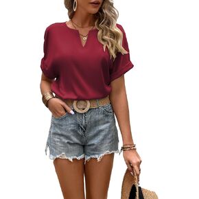 SweatyRocks Women's Roll Up Short Sleeve Notched V Neck Shirt Casual Solid Pullover Blouse Top