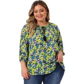 Agnes Orinda Women's Casual Plus Size Boho Floral Loose Top 2023 Tie 3/4 Sleeve Beach Shirts Tunic Blouses