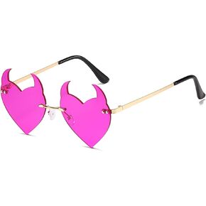 Votange Rimless Devil Horns Heart Sunglasses For Women Retro Novelty Funny Halloween Party Demon Ear Heart Shaped Eyewear…