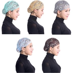 5 Pack Womens Muslim Inner Hijab Caps Shiny Lace Head Cover Stretch Beanie Turban Hat Chemo Cap Headwrap Cover