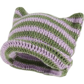 Cute Knitted Crochet Beanie Hat for Women, Y2K Striped Grunge Warm Slouchy Beanies with Cat Ear Aesthetic Accessories