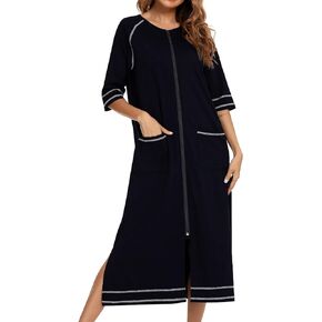 Women's Long House Coat Full Zipper Robes Housecoat with Pockets Bath Robes Lightweight