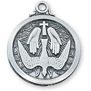 Sterling Silver 3/4-inch Holy Spirit Dove Praying Hands and Cross Round Pendant