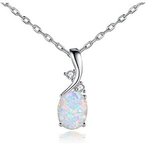 Opal Necklace, Minimalist Silver Plated White Fire Opal Necklace Created Oval Opal Pendant Necklace October Birthstone Necklace Opal Jewelry for Women Girls