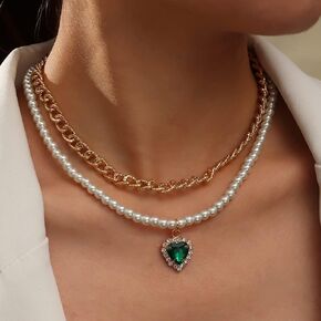 Vcagirest Pearl Necklace Love Heart Pendant Necklace with Crystal Vintage Layered Necklace Costume Jewelry Gifts for Women Teens and Girls