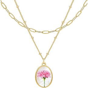 BONALUNA Birth Flower 14K Gold Necklace - 2 Layered & Seperate Chains with Dainty White Shell Pendant, Featuring Birth Month Real Flower Motif, Perfect Jewelry for Birthday Gifts