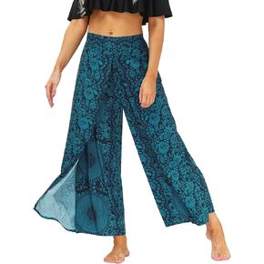 سراويل بوهو النسائية الأنيقة من Lu's واسعة الساق غاوتشو حريم اليوغا متدفقة بوهيمية هندية بفتحة جانبية بالازو in Kuwait