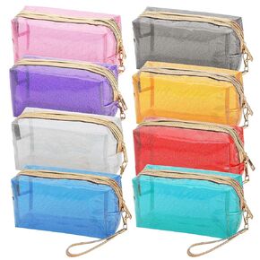 8 Pack Waterproof Cosmetic Bags, PVC Glitter Iridescent Makeup Bags With Handle Zipper, Portable Holographic Gift Bags in Bulk, Small Toiletry Pouch Purse for Medicine, Travel, Woman