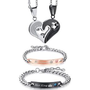 OIDEA Stainless Steel His Queen and Her King Matching Couples Jewelry Sets,Crown Bracelets,Necklace for Chirstmas,Valentines Day Gift,with Gift Box…