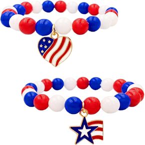 Mintolex 4th of July Bracelets Red White Blue US Flag Patriotic Independence Day Bracelets American Flag Star Heart Bracelet Memorial Stretch Beaded Bracelet for Americanism Patriotic Fundraiser Awareness Holiday Beach Trip Jewelry Gift for Men Women