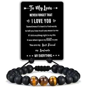 Adjustable Bracelet for Men Son Husband Christmas Stocking Stuffers Gift Anniversary Birthday Gifts Beaded Bracelet with Engraved Wallet Card